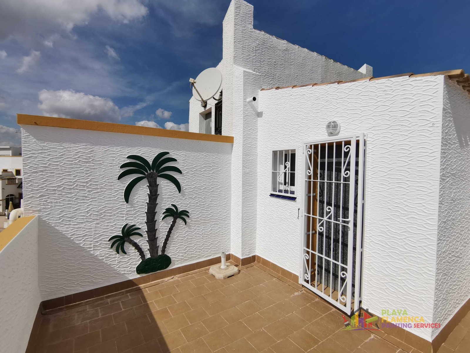 Full villa exterior, including gates and balustrades — after painting