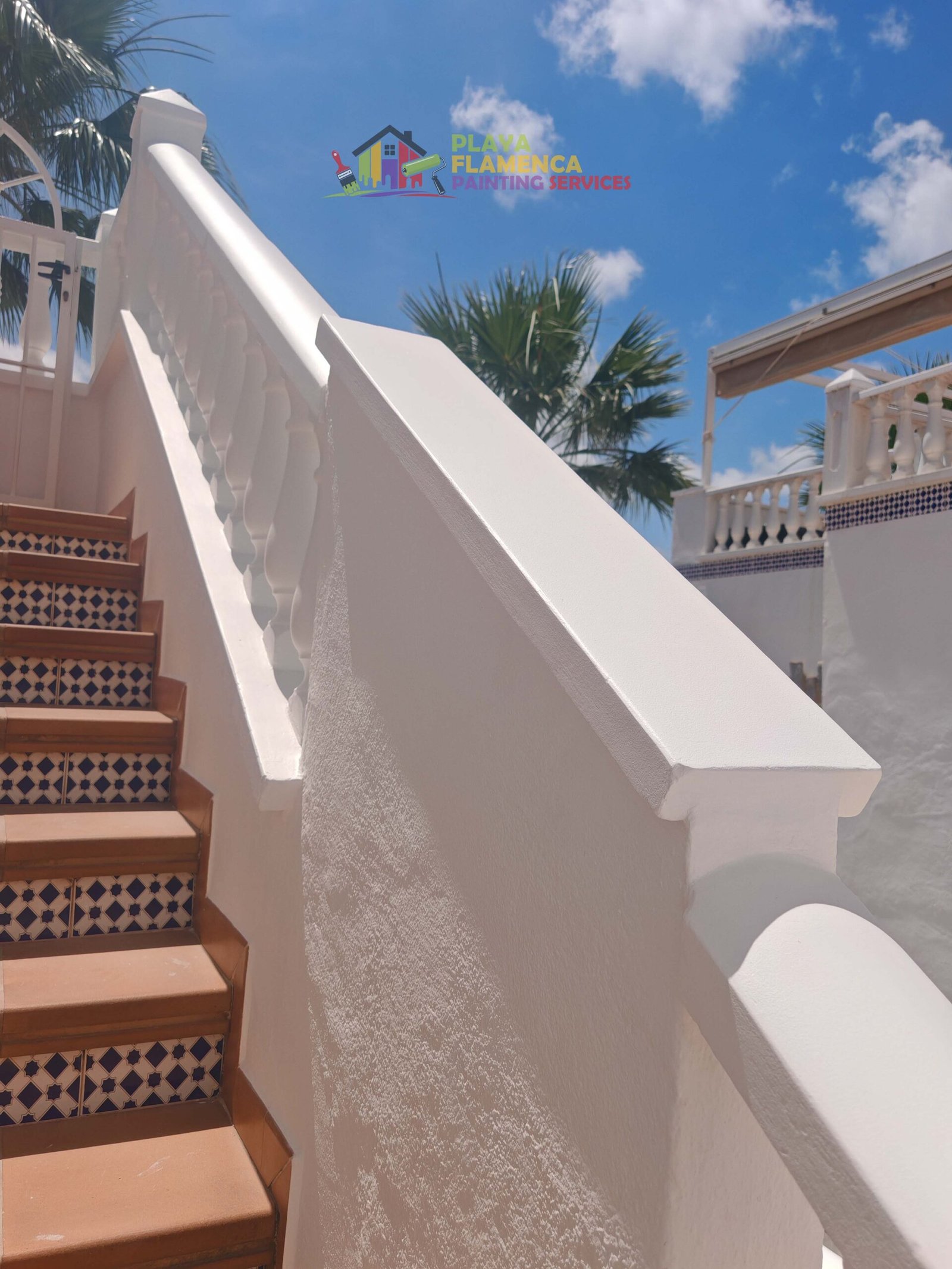 Full villa exterior, including gates and balustrades — after painting